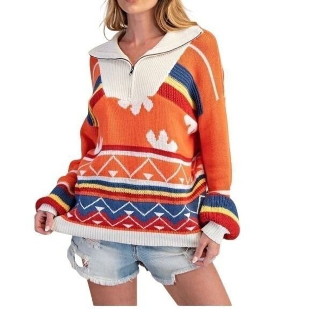 Easel Quarter Zip Womens Sweater Orange Cream Oversized Small NWT